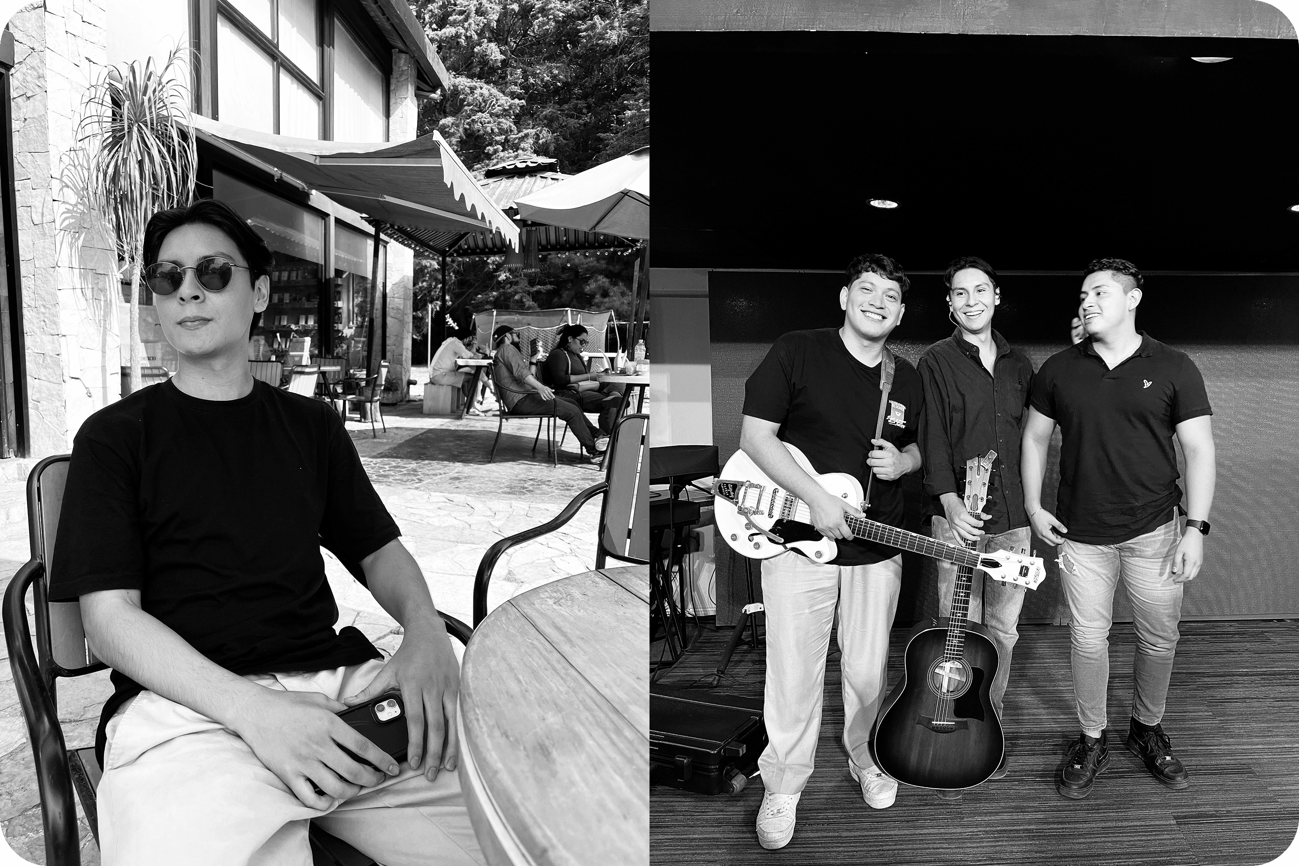 Black-and-white diptych: Alejandro at an outdoor café, and friends with guitars.