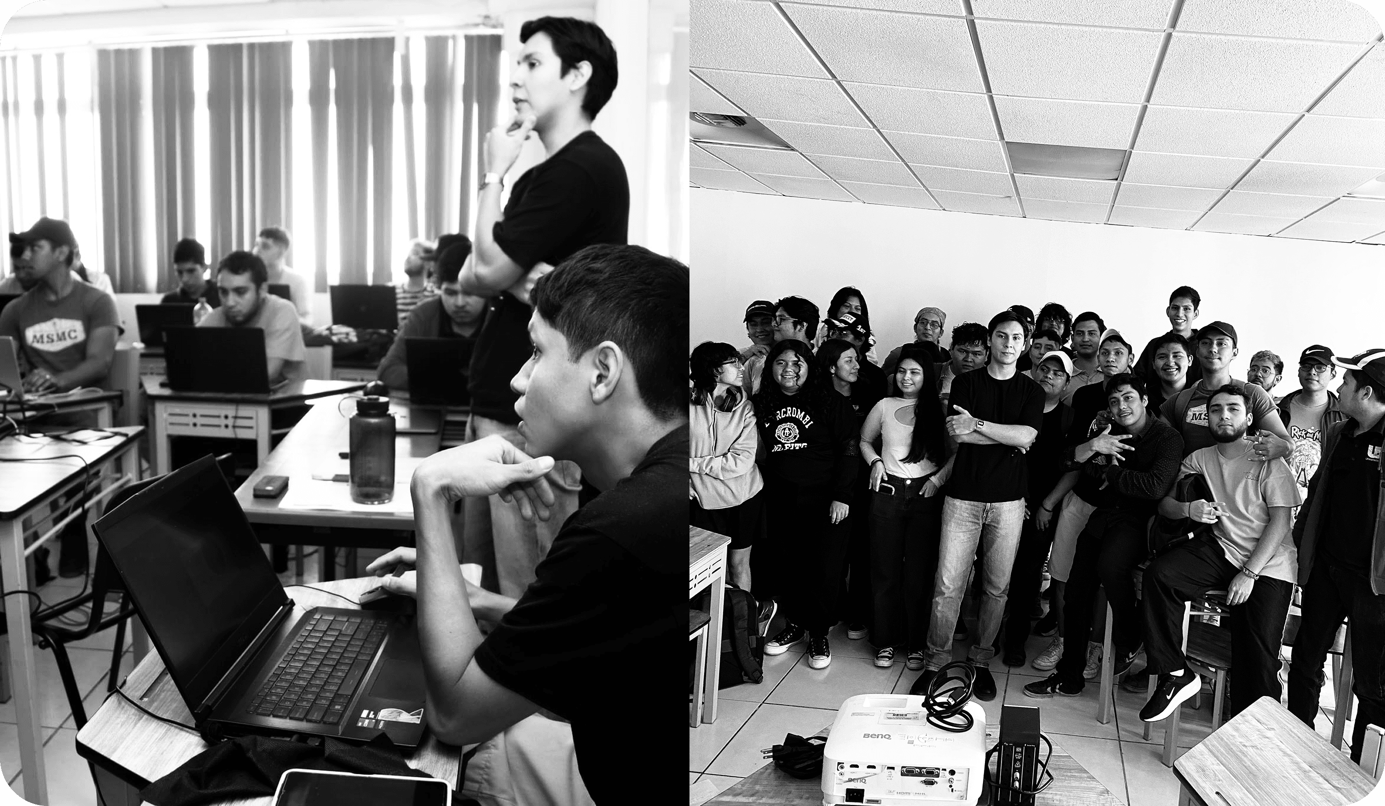 Black-and-white diptych: people working on laptops, and a workshop group around a projector.