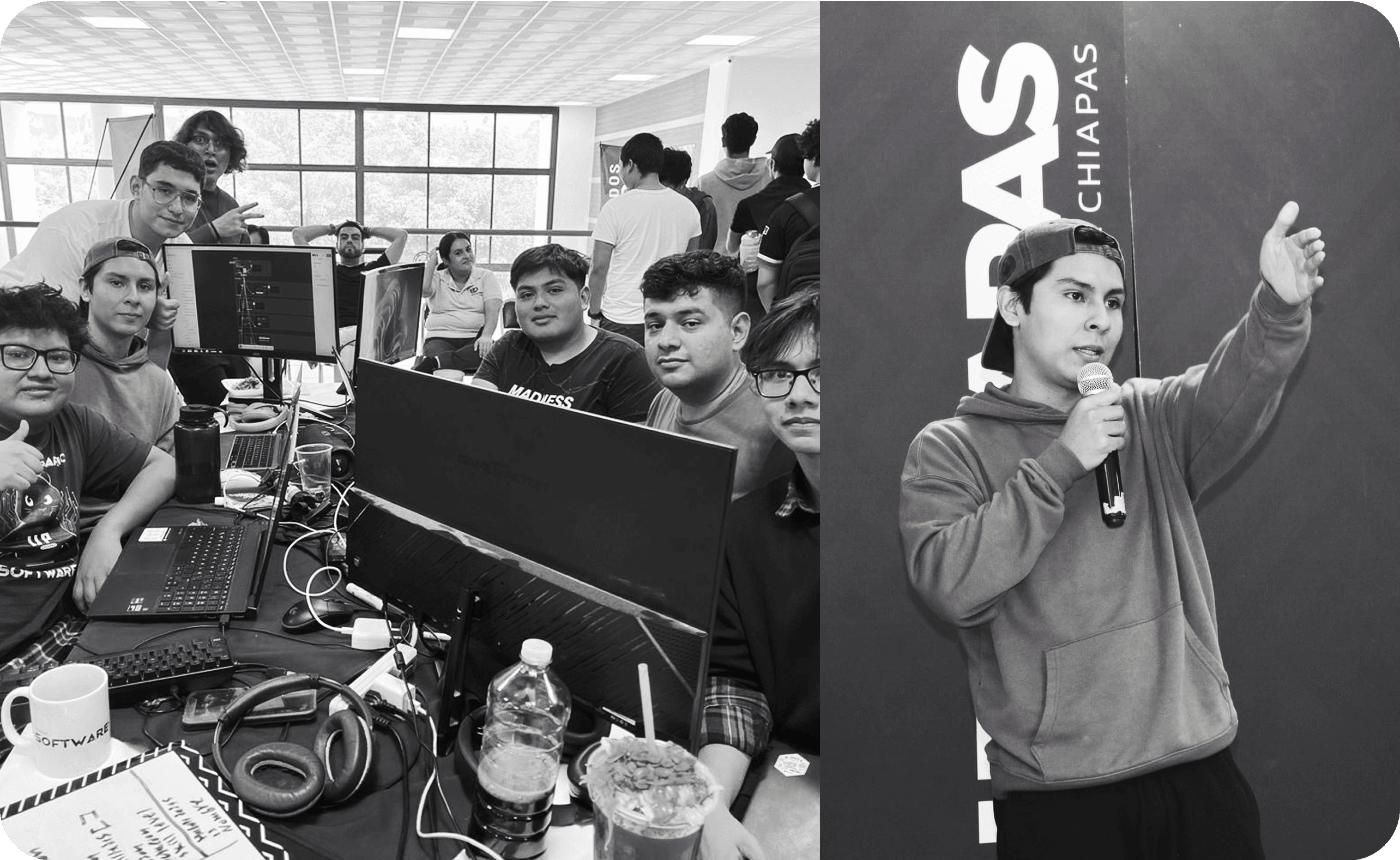 Black-and-white diptych: a computer classroom, and Alejandro speaking on a stage in Chiapas.