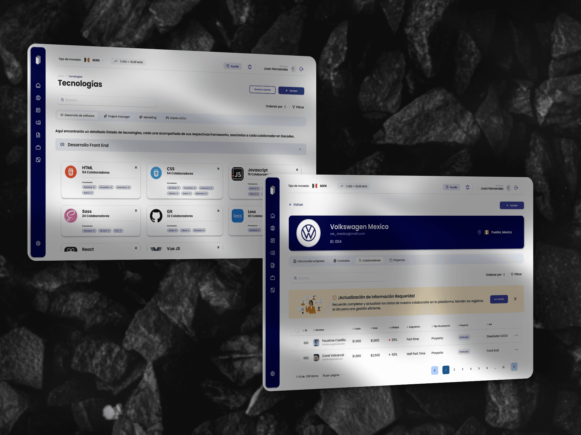 Dasoft technology directory and Volkswagen client administration screens
