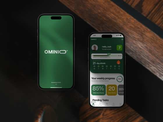 Two Ominio phones showing the splash screen and learning dashboard